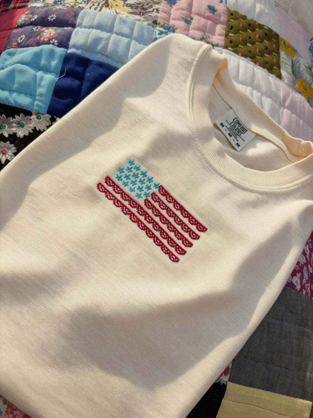 Lace Stitch Flag Shirt | Patriotic Embroidered Shirt